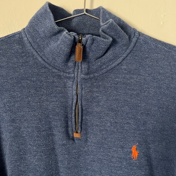 Polo Ralph Lauren 1/4 Zip Up Navy Blue Sweater Pullover Orange Pony Size XL - Picture 2 of 6